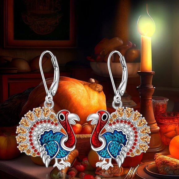 Christmas Sterling Silver Style Turkey Earrings Women's Dangle Jewelry - Picture 8 of 9